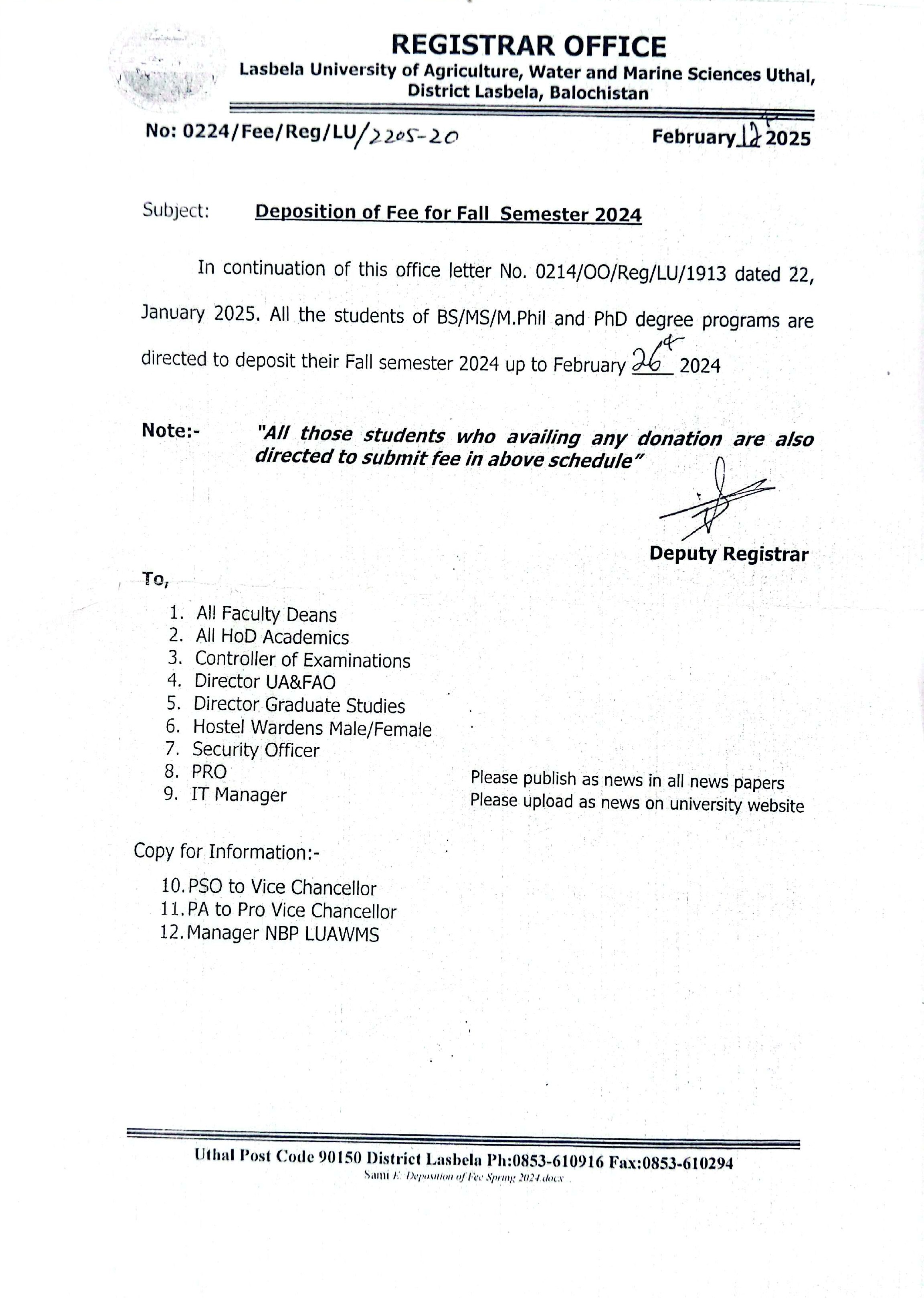 Fee Deposition Notice